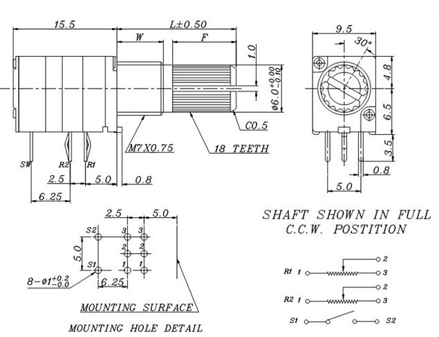 Chiết áp điều khiển volume / Biến trở có công tắc RV097NS đơn 5 chân