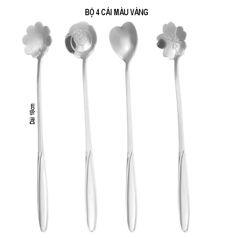 Bộ 4 thìa cà phê Inox cán dài 18cm inox hình bông hoa phong cách Nhật Bản