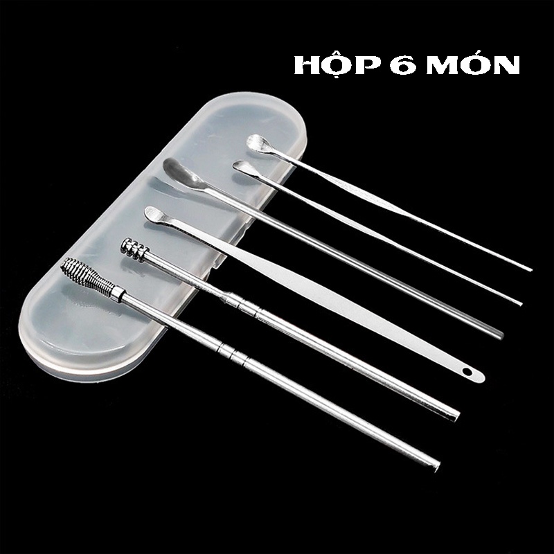 Bộ 6 dụng cụ vệ sinh tai ngoáy tai đồ lấy ráy tai Cao Cấp bằng thép không gỉ