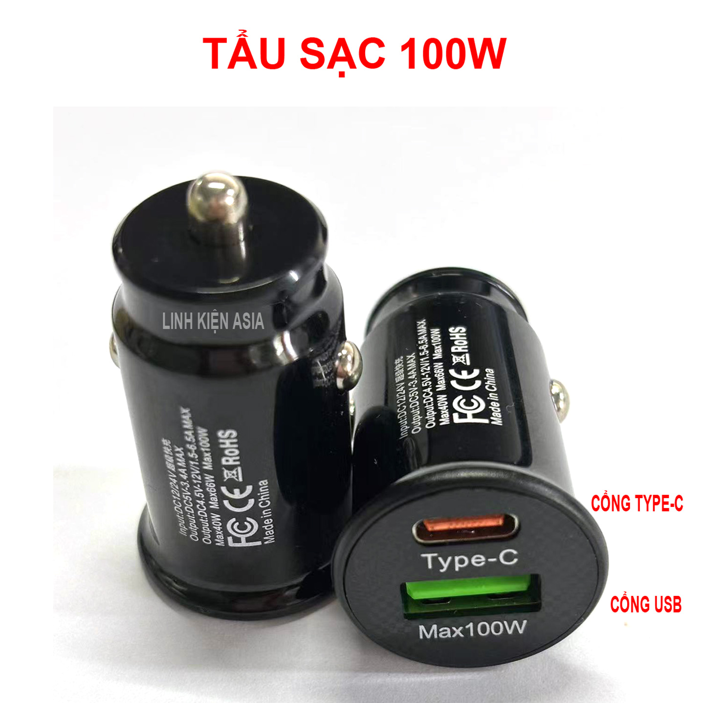Tẩu sạc nhanh 100W cổng USB và PD (TypeC) dùng cho xe hơi, tẩu sạc mini nhỏ gọn