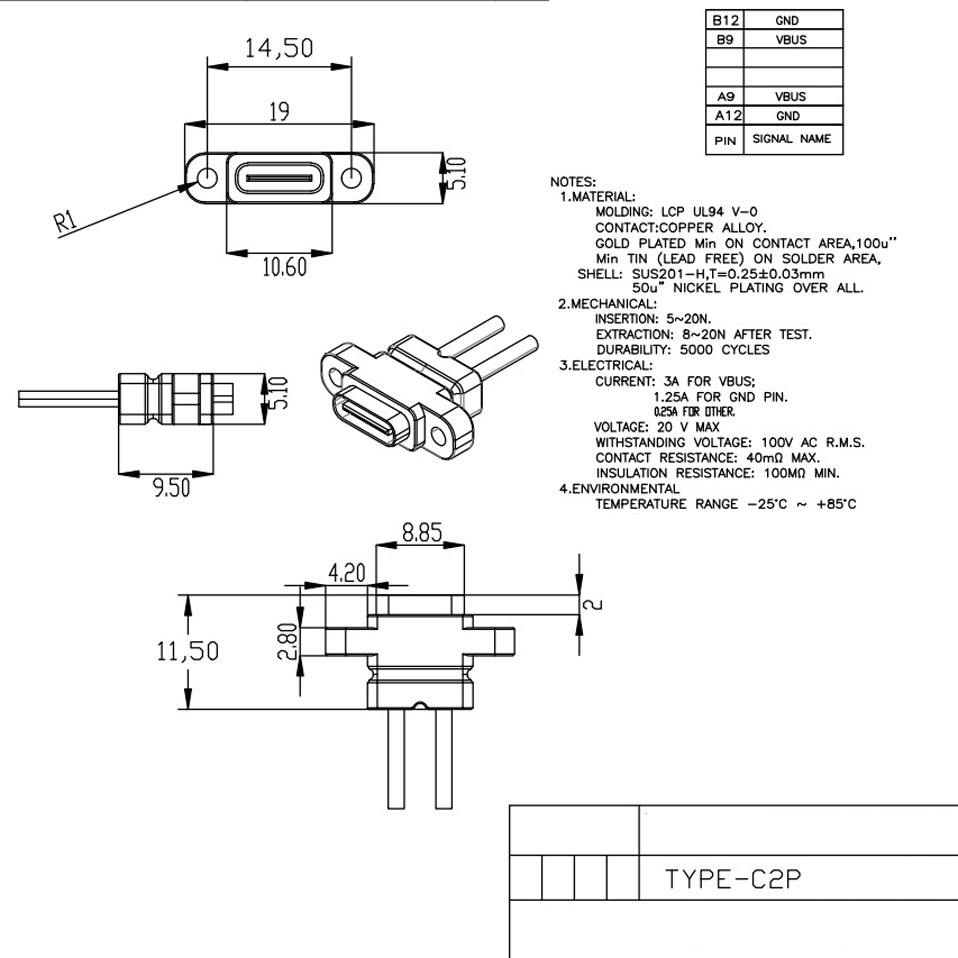 Giắc cắm TypeC 2P chống nước có dây dài 56mm có tai cố định