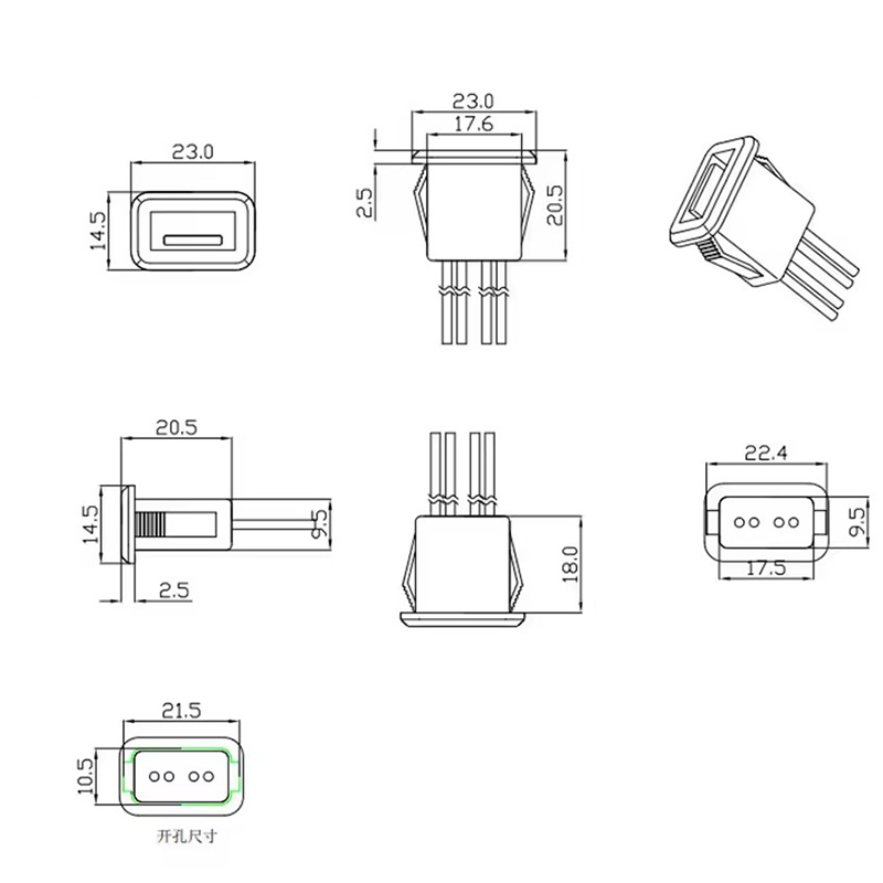 Giắc cái USB2.0 kết nối nguồn có dây và chân PH2.0