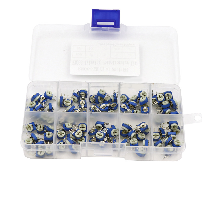Hộp 100 BIẾN TRỞ điều chỉnh màu xanh trắng 6MM, 10 thông số kỹ thuật RM063