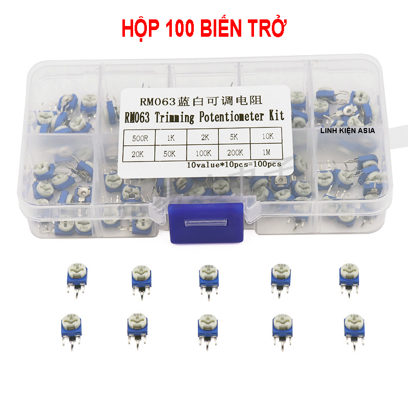 Hộp 100 BIẾN TRỞ điều chỉnh màu xanh trắng 6MM, 10 thông số kỹ thuật RM063