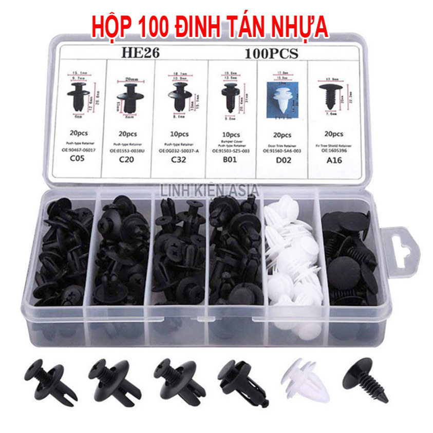 Hộp 100 ĐINH TÁN Chốt Vít Nở Bằng Nhựa (6 kích cỡ) cố định thân vỏ ô tô (tùy chọn dụng cụ tháo lắp)