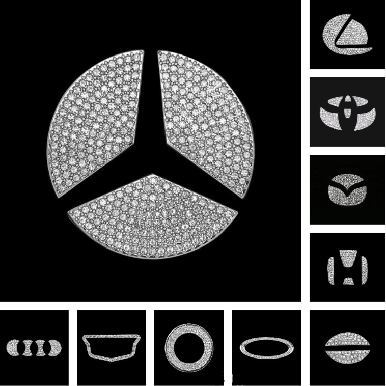 Miếng dán trang trí logo trên vô lăng xe hơi nạm đá tạo hình kim cương sang trọng