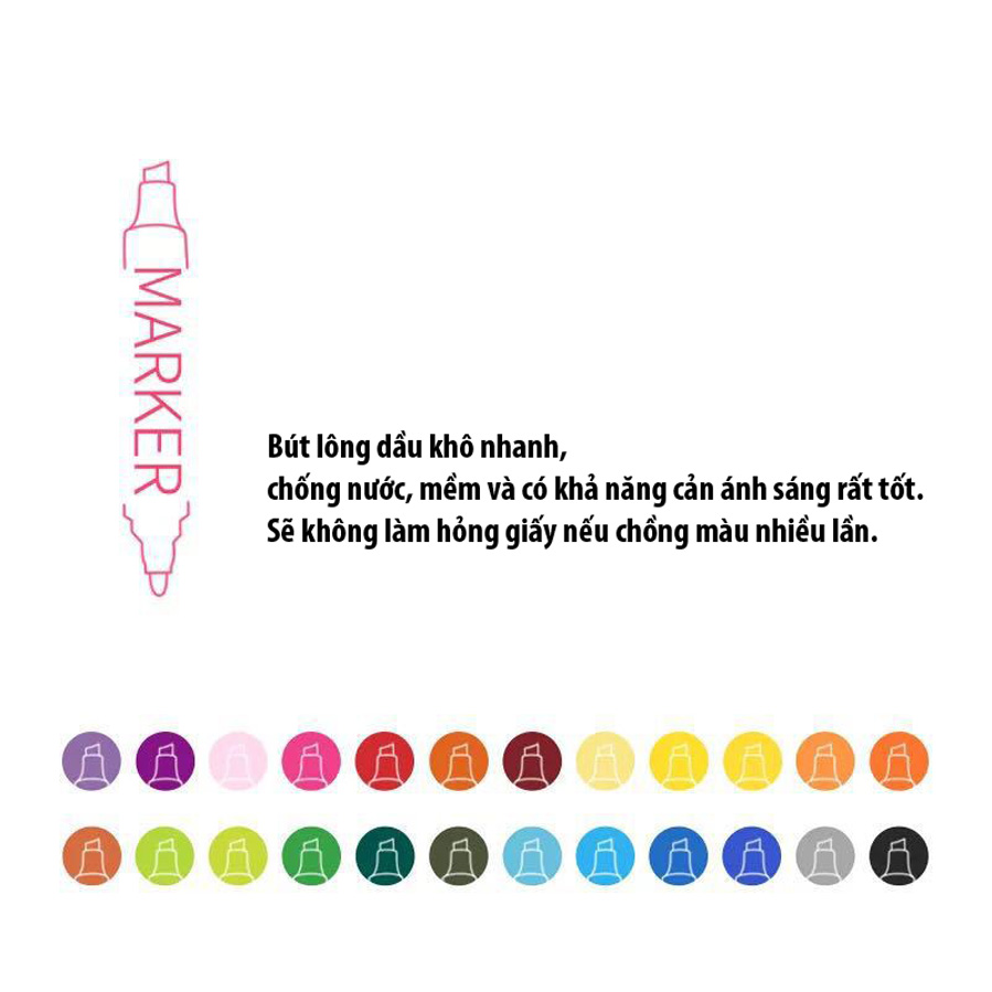 Vỉ 12 bút lông dầu 2 đầu đủ màu sắc dùng đánh dấu trên mọi chất liệu