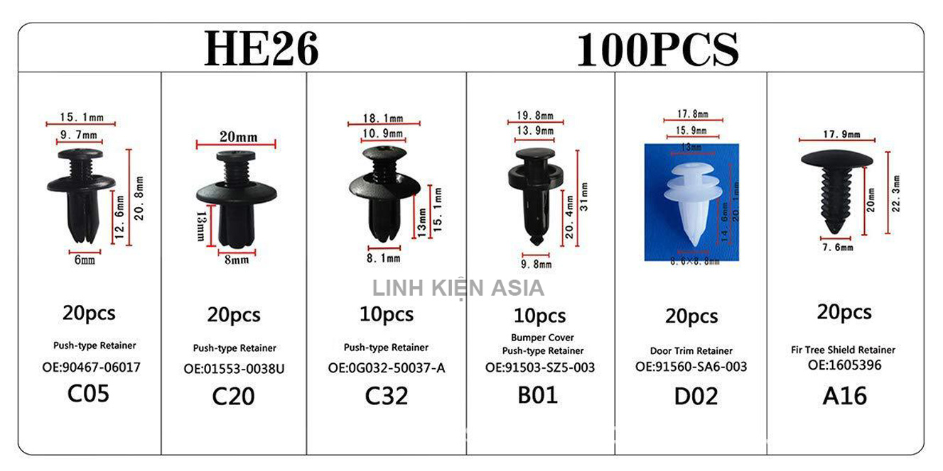 Hộp 100 ĐINH TÁN Chốt Vít Nở Bằng Nhựa (6 kích cỡ) cố định thân vỏ ô tô (tùy chọn dụng cụ tháo lắp)
