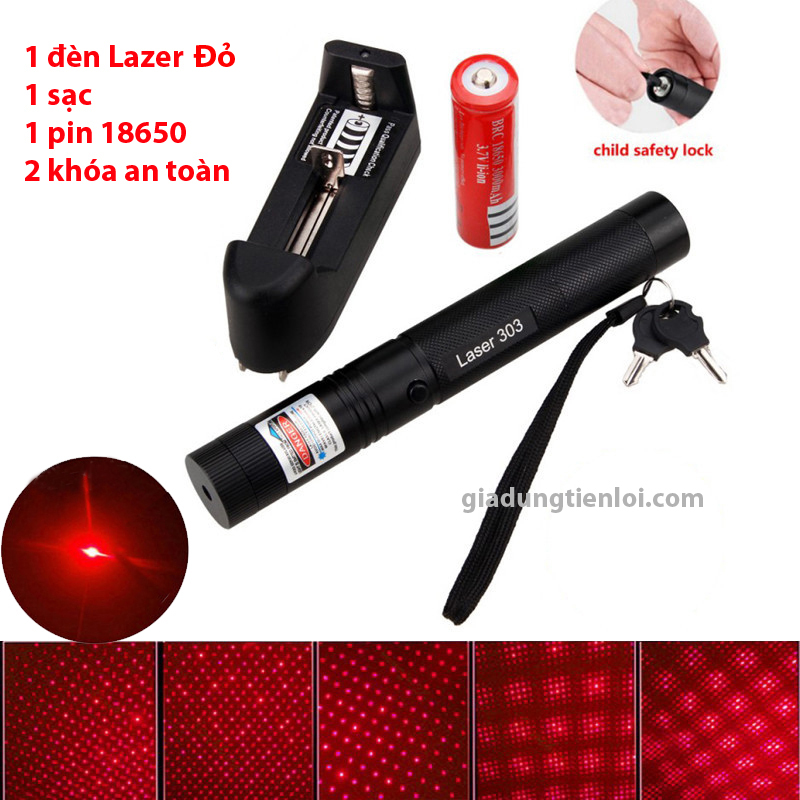 Combo đèn chiếu tia laser 303 (đèn + sạc + pin 4800mAh) - bút lazer tia sáng xanh-đỏ-tím