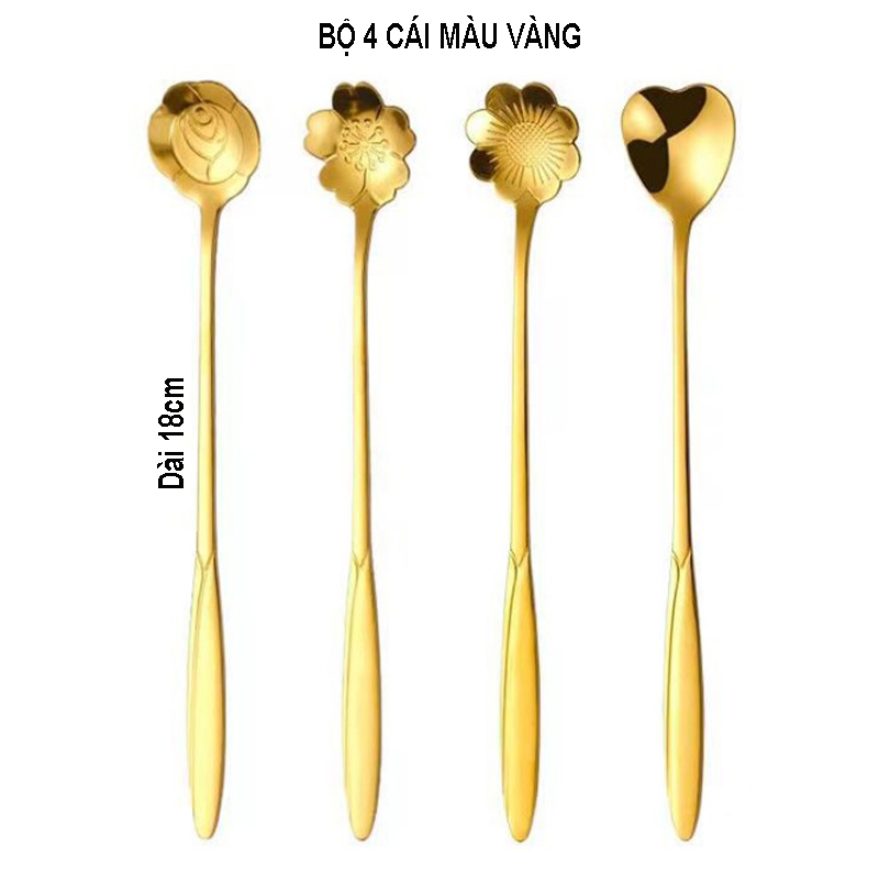 Bộ 4 thìa cà phê Inox cán dài 18cm inox hình bông hoa phong cách Nhật Bản