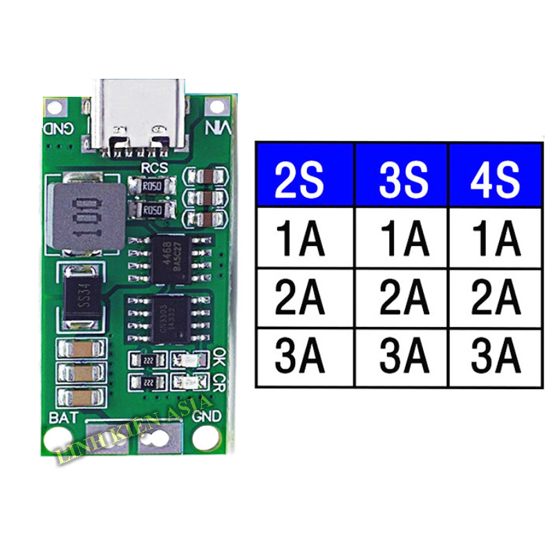 Mạch sạc tăng áp sạc pin lithium 2S (8.4V) 3S (12.6V) 4S (16.8V) đầu vào cổng TypeC 5V