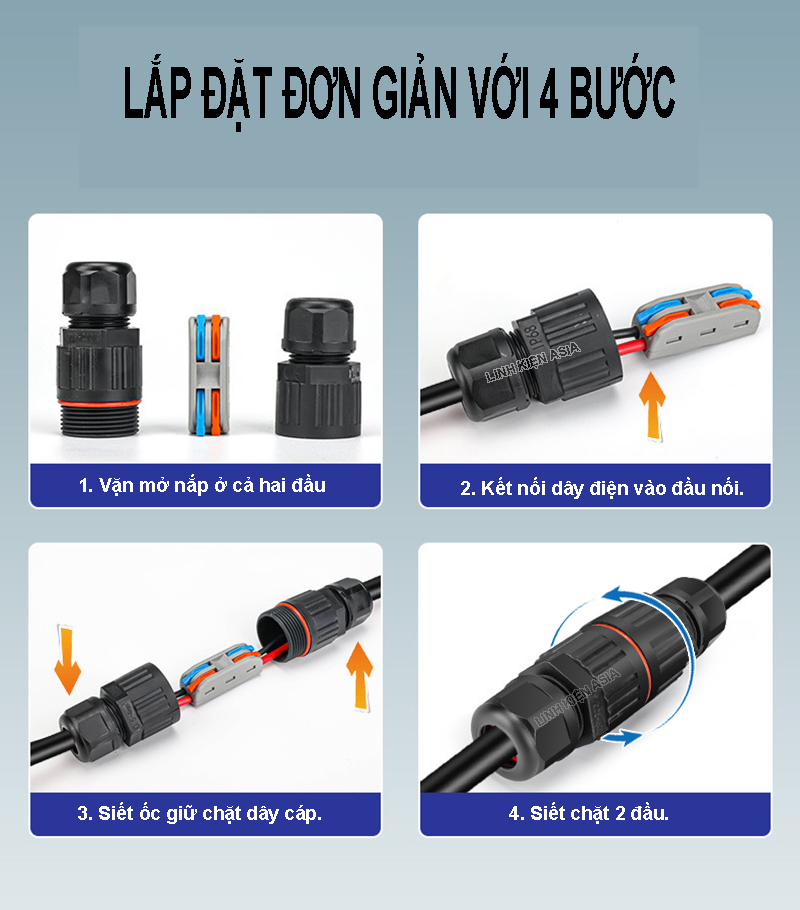 Đầu nối chống nước dây điện 220V, nối dây cáp tròn phi 8-12mm chống nước sử dụng ngoài trời