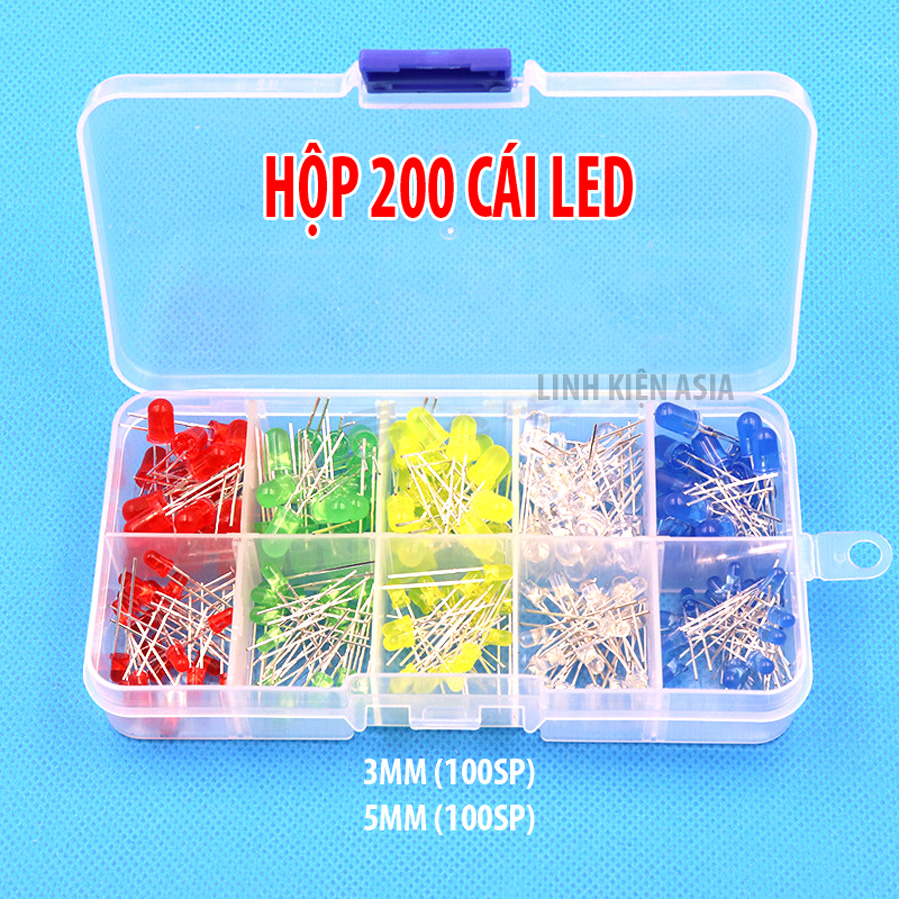 Hộp Led 200 cái đi-ốt phát sáng 3MM 5MM 5 màu đỏ, xanh lá cây, xanh dương, vàng và trắng