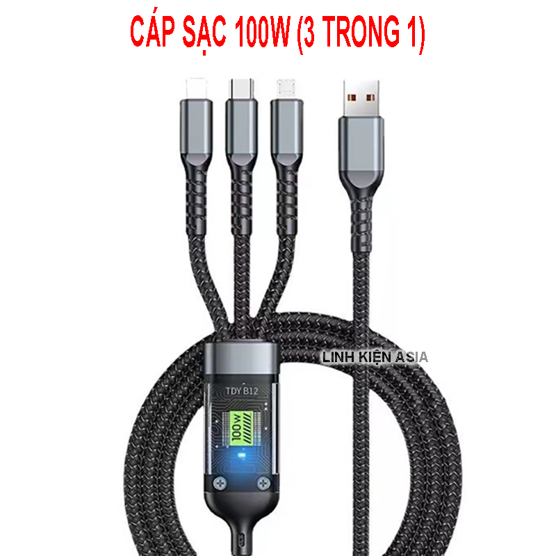 Cáp sạc nhanh 3 trong 1 kết nối được dữ liệu - dây sạc 100W