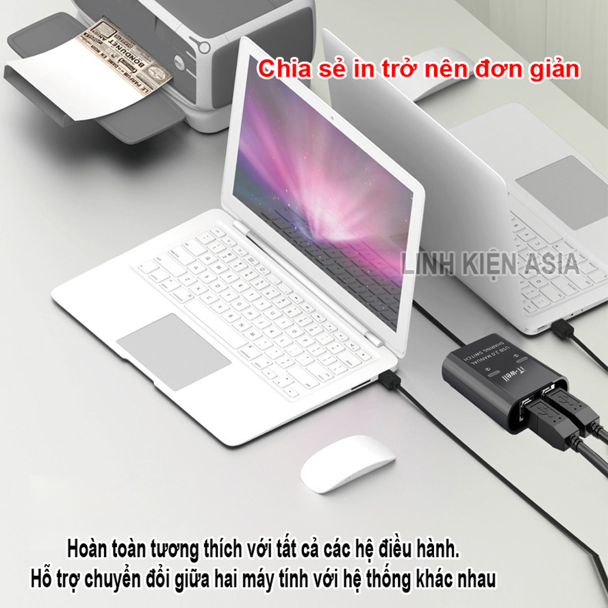 Bộ chia 2 Cổng USB Swtiches 2 máy tính dùng chung 1 máy in