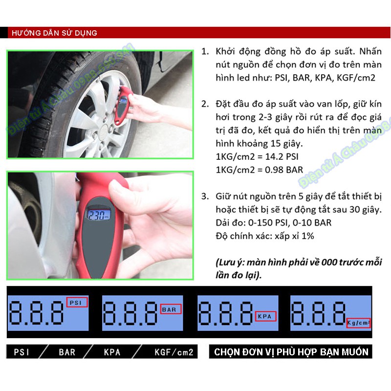 Đồng hồ đo áp suất lốp xe ô tô, xe máy màn hình kỹ thuật số tiện dụng