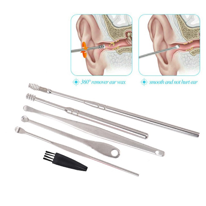 Bộ 6 dụng cụ vệ sinh tai ngoáy tai đồ lấy ráy tai Cao Cấp bằng thép không gỉ