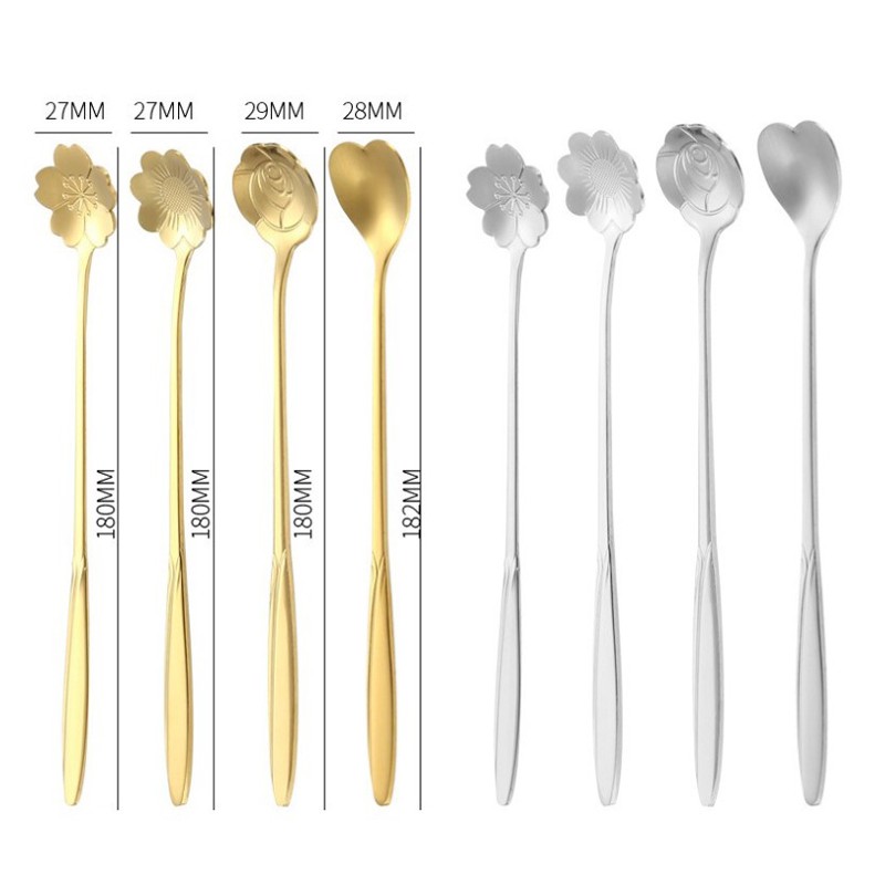 Bộ 4 thìa cà phê Inox cán dài 18cm inox hình bông hoa phong cách Nhật Bản