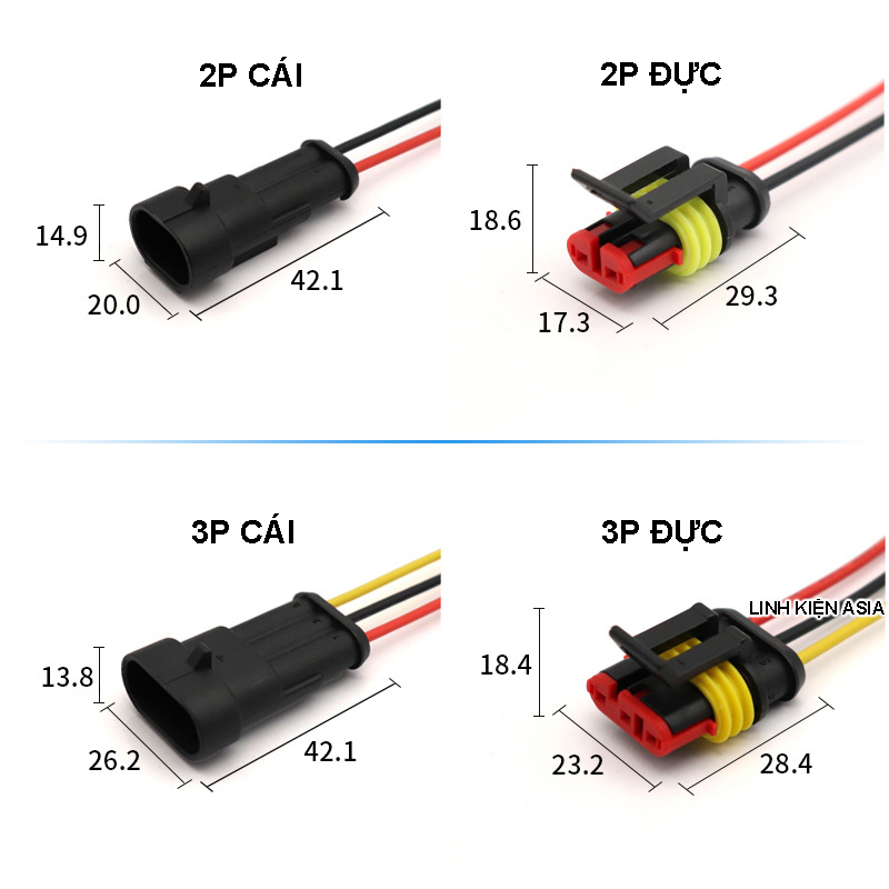Cặp đầu nối AMP chống nước (đực + cái) dây dài 10cm, giắc nối dây điện ô tô xe máy chuyên dụng