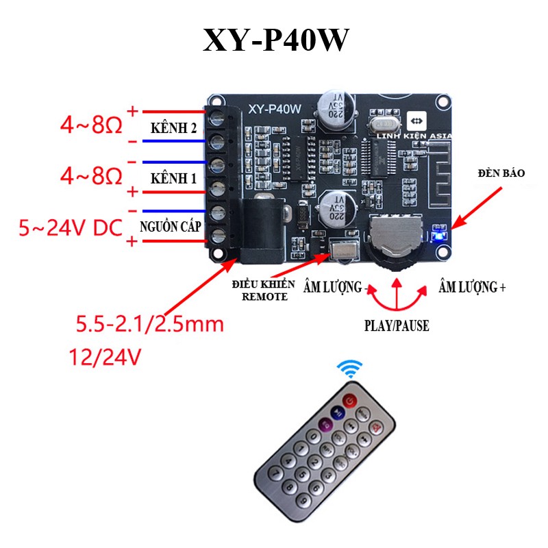 Mạch khuếch đại XY-P40W tích hợp Bluetooth có remote 40W * 2 kênh