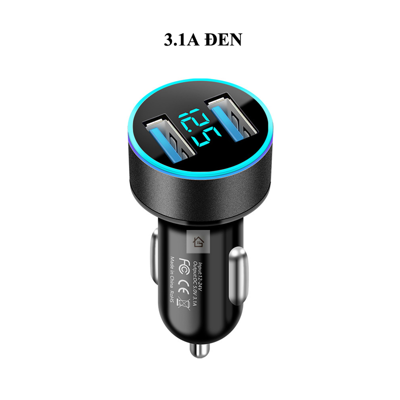 Tẩu đực sạc điện thoại trên ô tô chuyển 12-24V thành 5V với 2 cổng USB có đồng hồ đo vôn