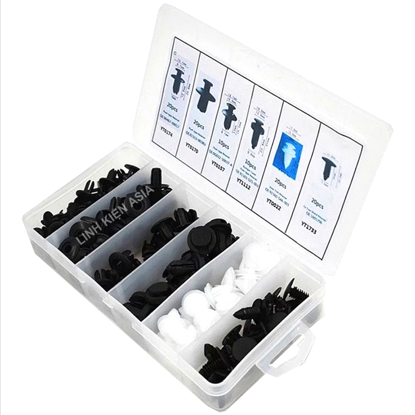 Hộp 100 ĐINH TÁN Chốt Vít Nở Bằng Nhựa (6 kích cỡ) cố định thân vỏ ô tô (tùy chọn dụng cụ tháo lắp)