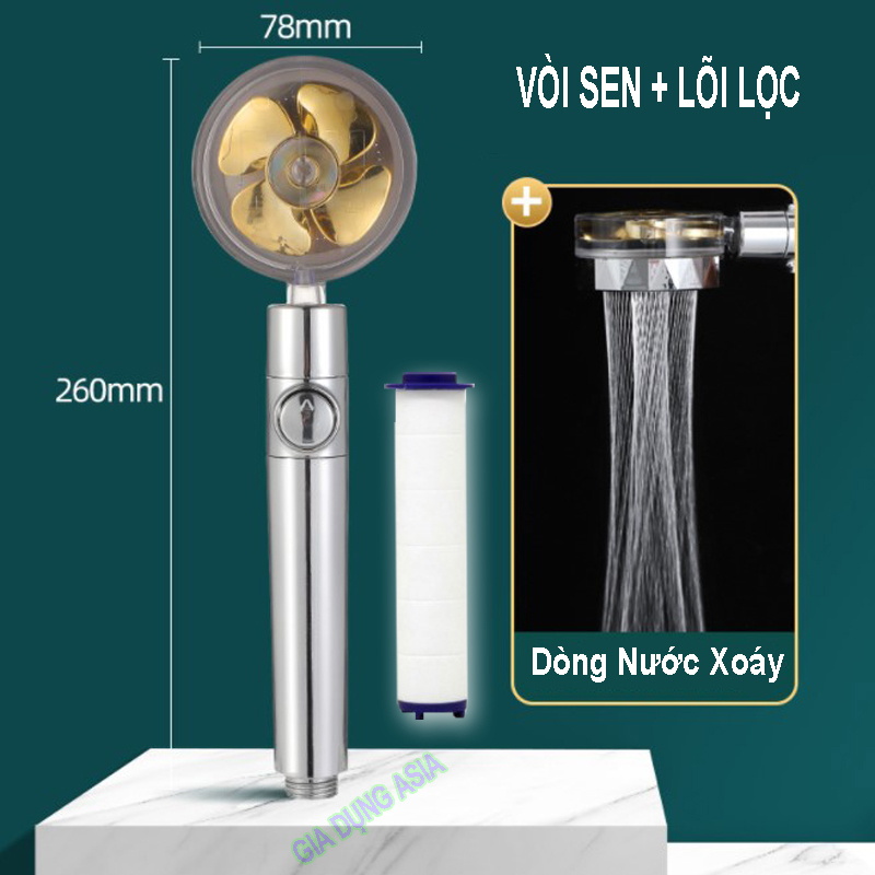 Vòi sen tăng áp cánh quạt xoay 360 độ có nút nhấn stop tiết kiệm nước