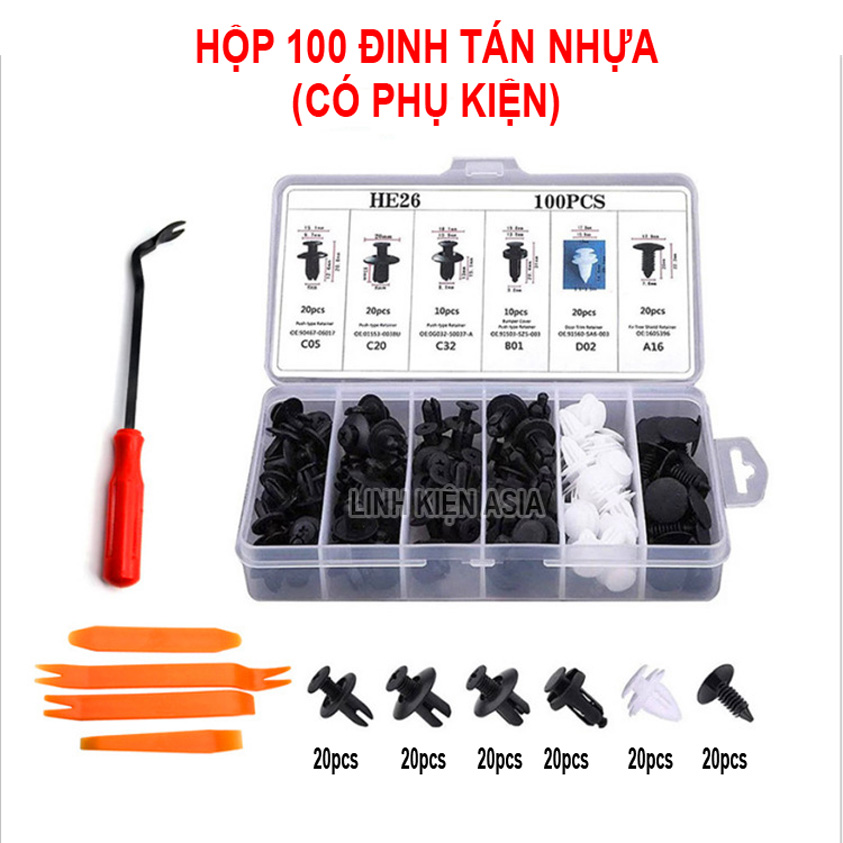 Hộp 100 ĐINH TÁN Chốt Vít Nở Bằng Nhựa (6 kích cỡ) cố định thân vỏ ô tô (tùy chọn dụng cụ tháo lắp)