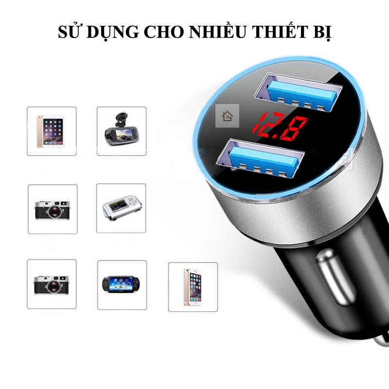 Tẩu đực sạc điện thoại trên ô tô chuyển 12-24V thành 5V với 2 cổng USB có đồng hồ đo vôn