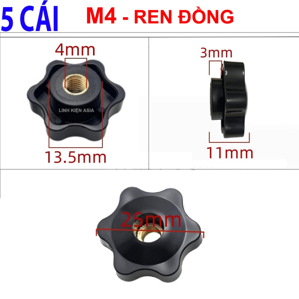 Combo 5 Núm siết ốc hình cánh hoa ren M4M5M6M8M10 lõi đồng