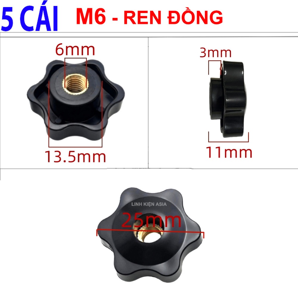 Combo 5 Núm siết ốc hình cánh hoa ren M4M5M6M8M10 lõi đồng