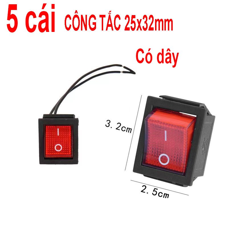 Combo 5 Công tắc to đen đỏ 25x32mm - khoét lỗ 22x30mm