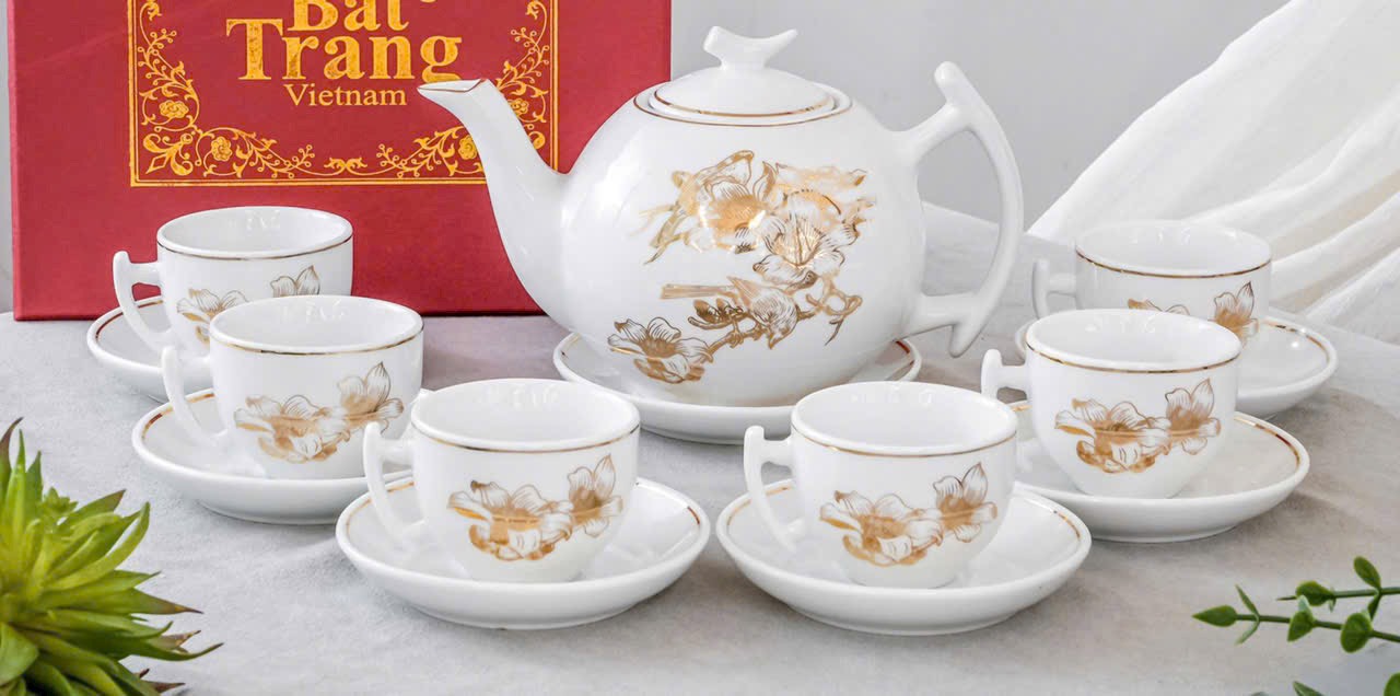 Bộ ấm chén trắng cành chỉ vàng 24K – Gốm Hương Thủy - Tinh hoa Gốm sứ ...