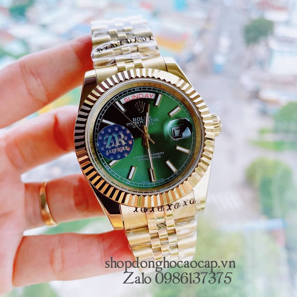 Đồng Hồ Rolex Day-Date Tự Động Nam Lịch Dây Vàng Mặt Xanh Lá