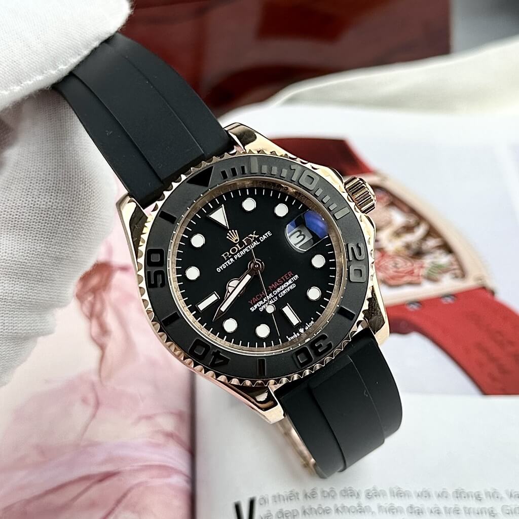 Đồng Hồ Rolex Yacht Master Nam Tự Động Dây Cao Su Đen Rose Gold
