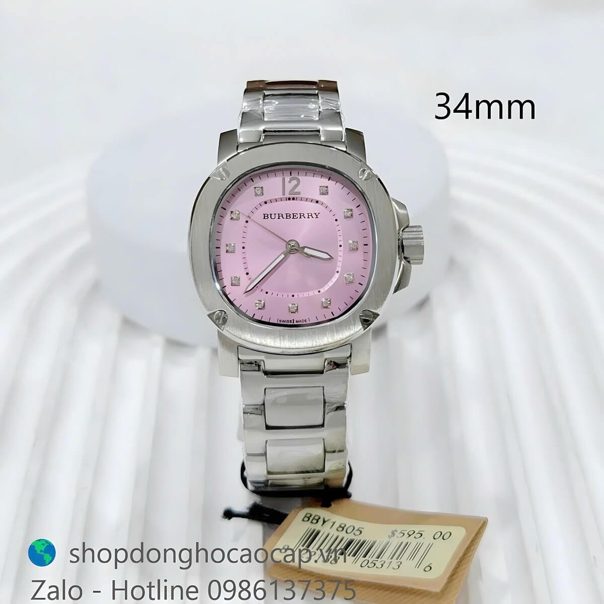 Đồng Hồ Nữ Burberry BBY1805 Mặt Hồng Máy Pin Thụy Dây Kim Loại Inox Size 34mm