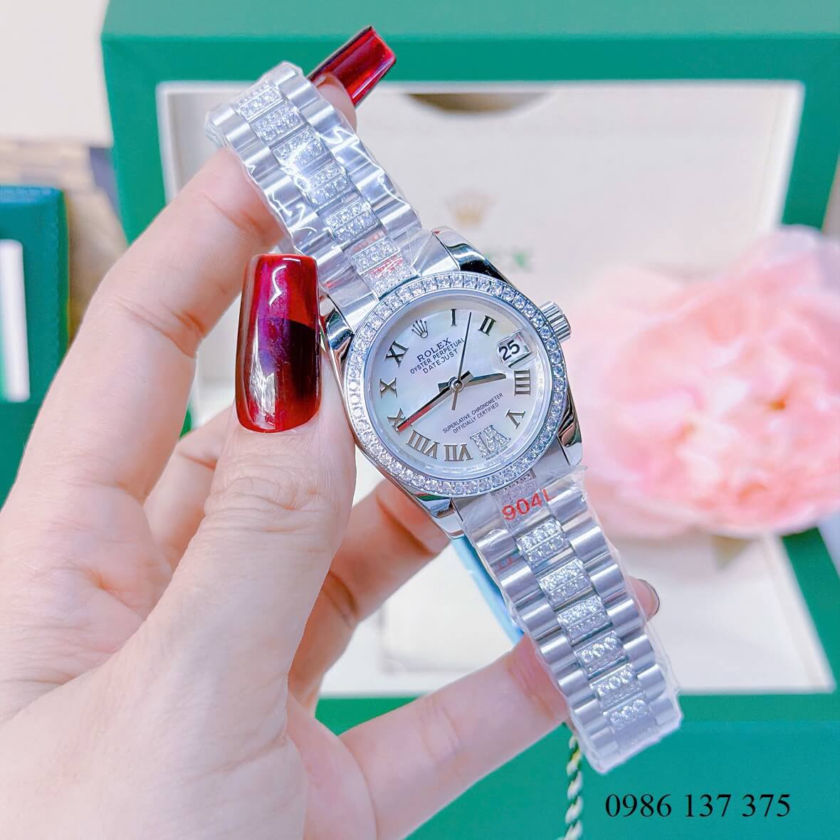 Đồng Hồ Nữ Rolex Datejust Viền Đá Mặt Trắng Xà Cừ Dây Kim Loại Inox Đính Đá Size 31mm