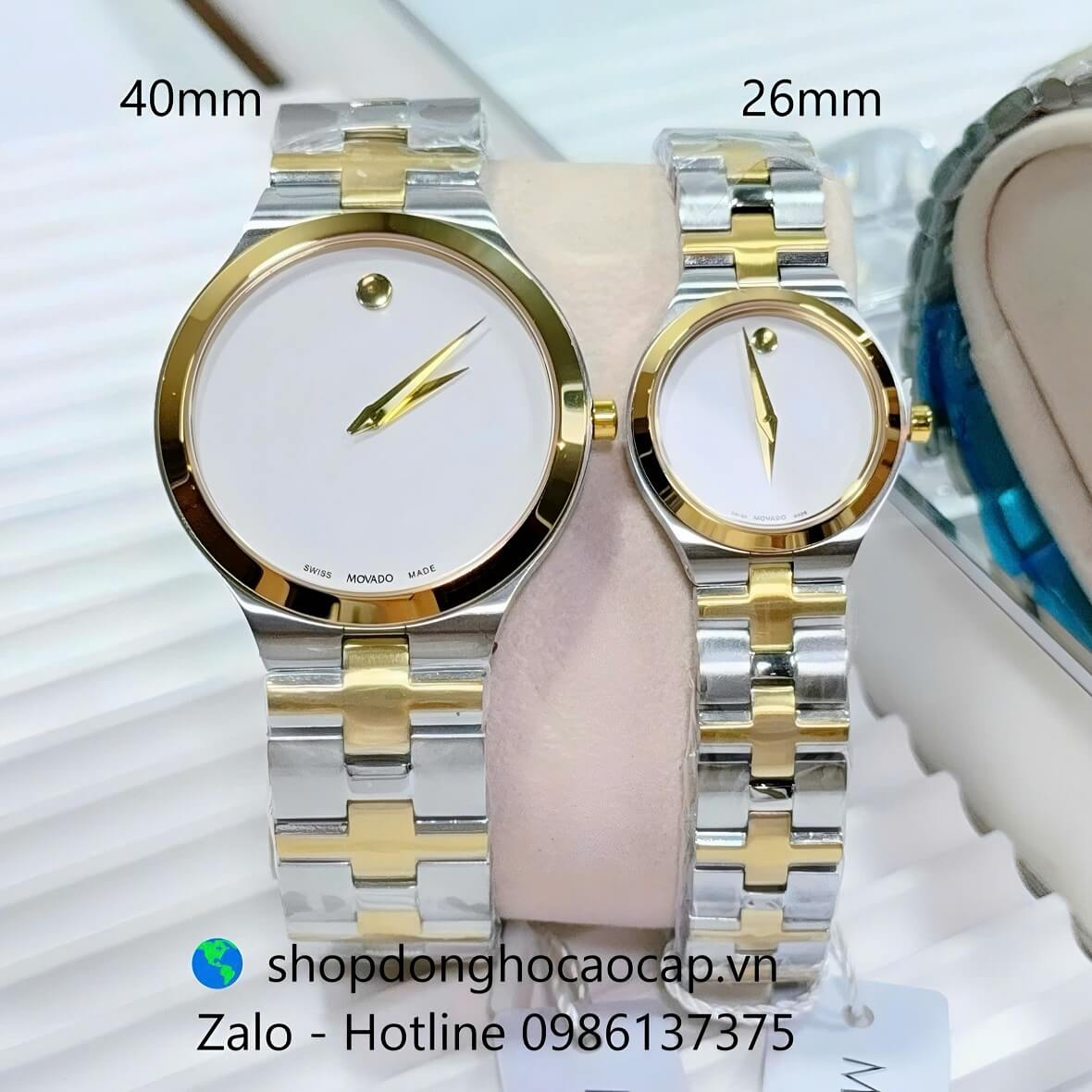 Đồng Hồ Cặp Movado Máy Pin Mặt Trắng Kim Loại Demi Vàng Size 40mm - 26mm