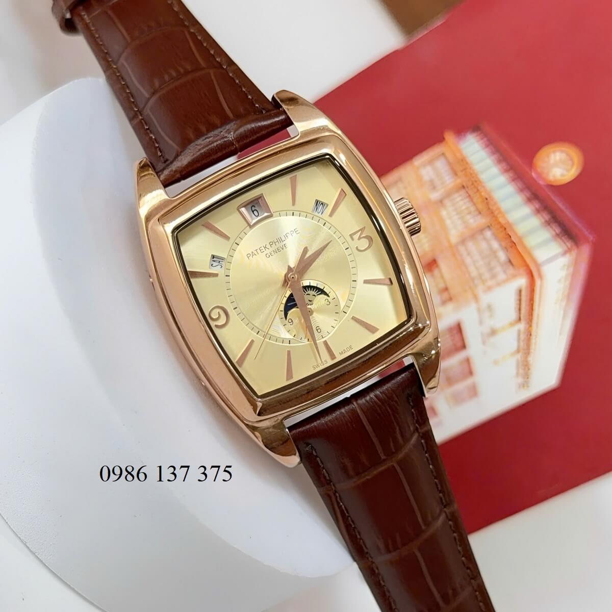 Đồng Hồ Nam Patek Philippe Gondolo Calendar 5135 Dây Da Nâu Mặt Vàng Vỏ Vàng Hồng 38mm