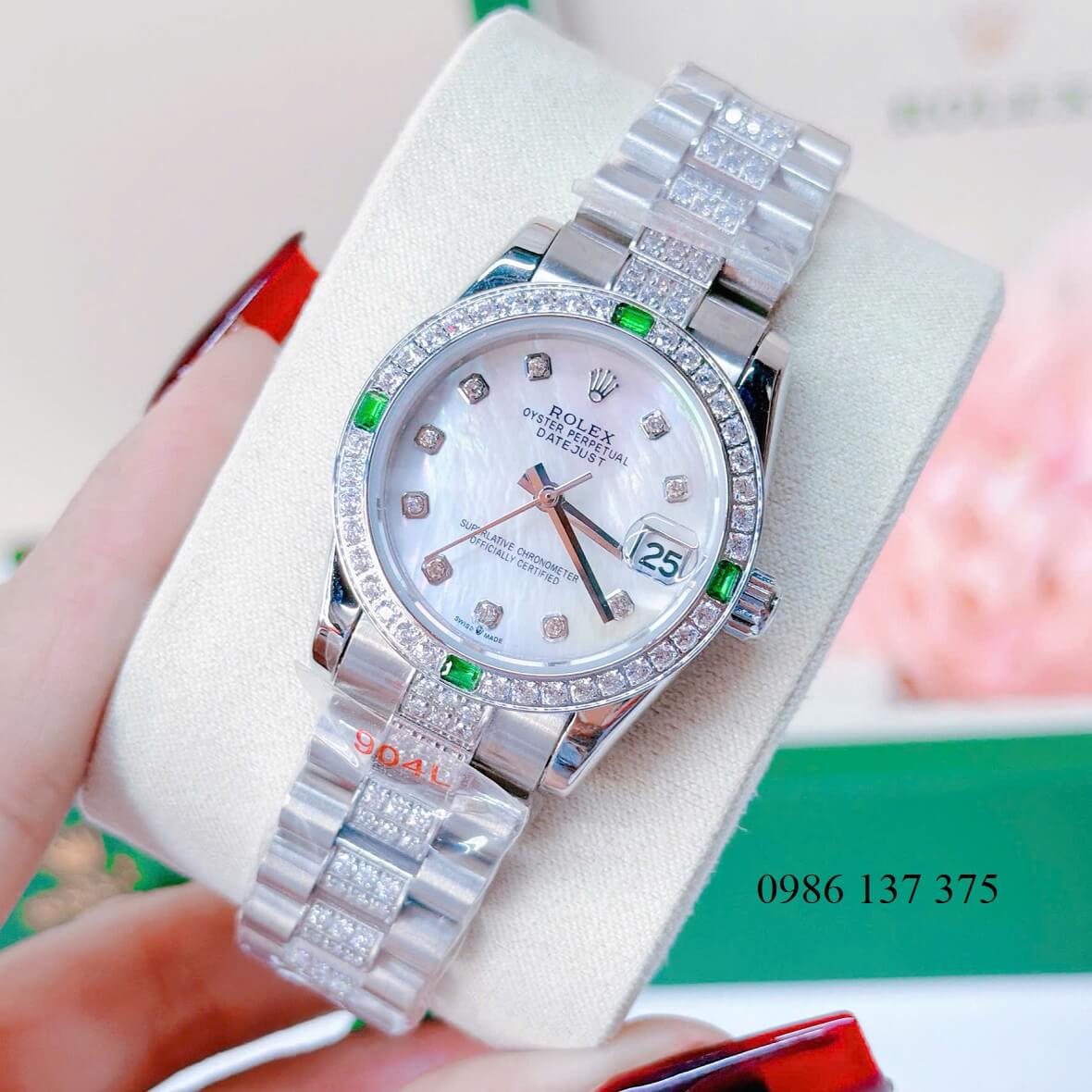 Đồng Hồ Nữ Rolex Datejust Viền Đá Mặt Trắng Xà Cừ Dây Kim Loại Inox Đính Đá Size 31mm