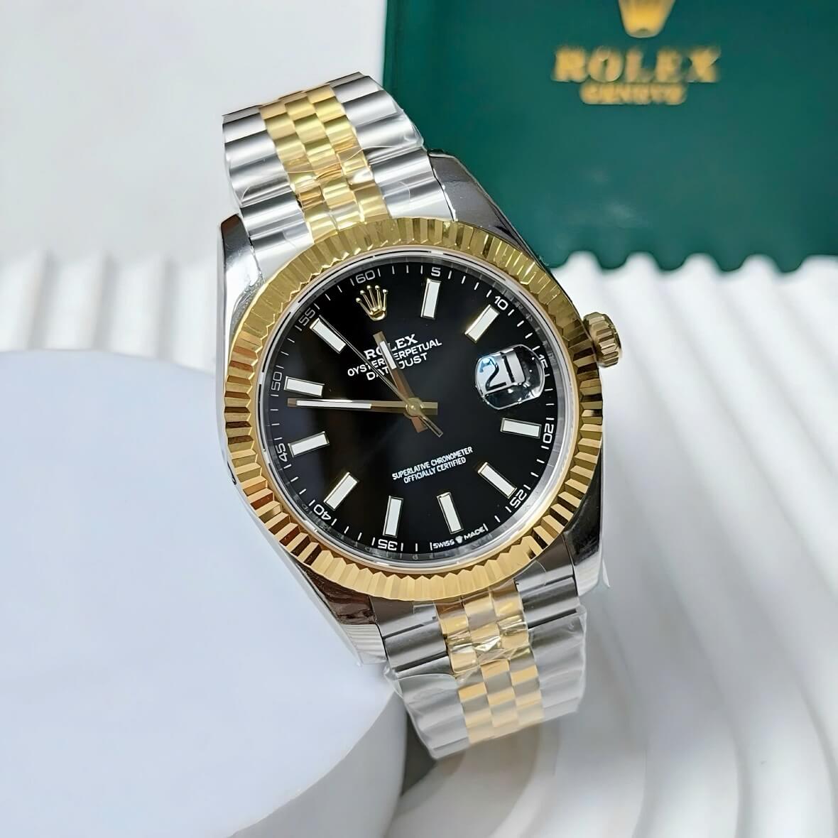Đồng Hồ Nam Rolex Datejust Viền Khía Máy Tự Động Thụy Sĩ Mặt Đen Dây Demi Size 41mm