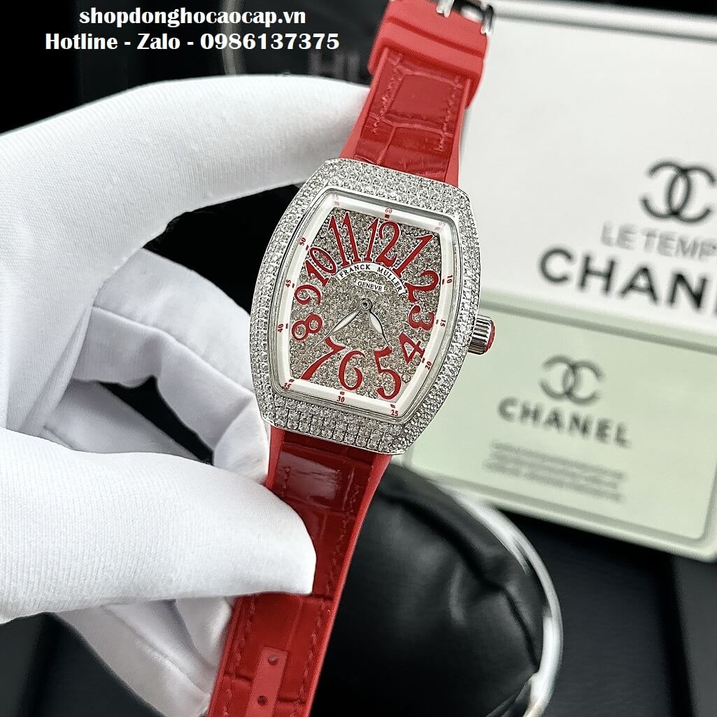 Đồng Hồ Franck Muller V32 Nữ Dây Da Silicon Đỏ Đính Đá Bạc 34mm