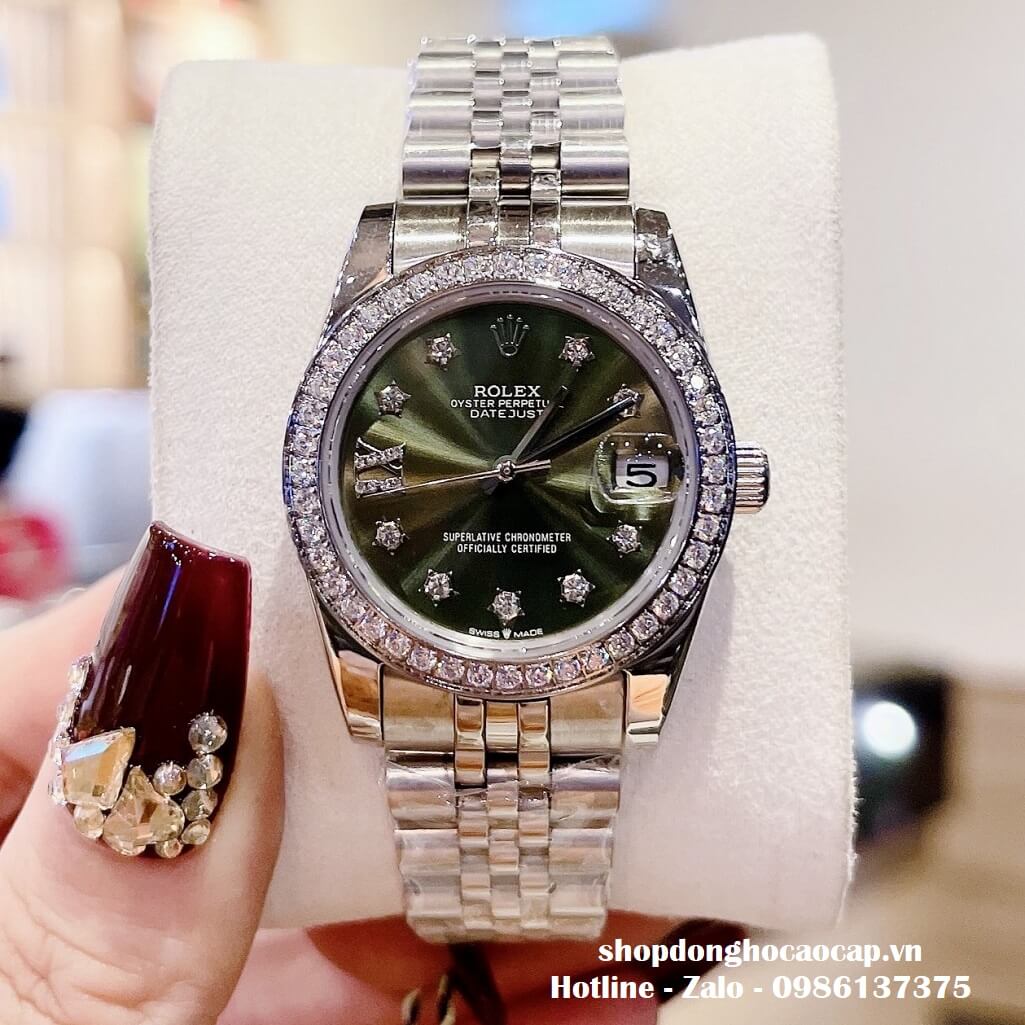 Đồng Hồ Rolex Datejust Tự Động Nữ Bạc Mặt Xanh Rêu Viền Đá 31mm