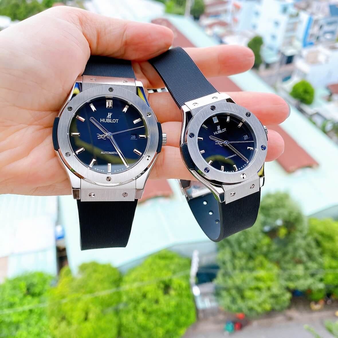 Đồng Hồ Cặp Hublot Classic Fusion Tự Động Mặt Đen Dây Cao Su Vỏ Silver Size 42mm-34mm
