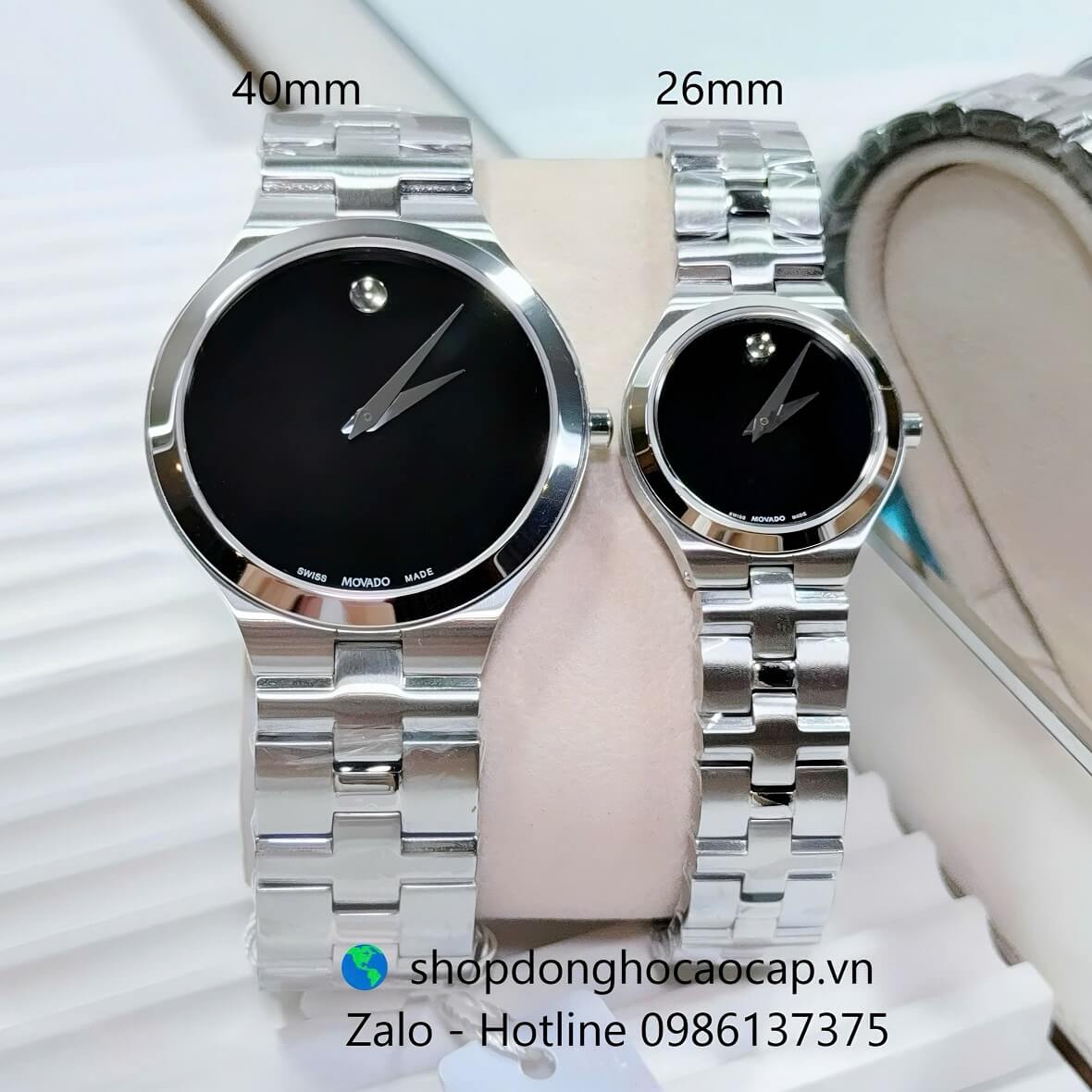 Đồng Hồ Cặp Movado Máy Pin Mặt Đen Kim Loại Inox Size 40mm - 26mm