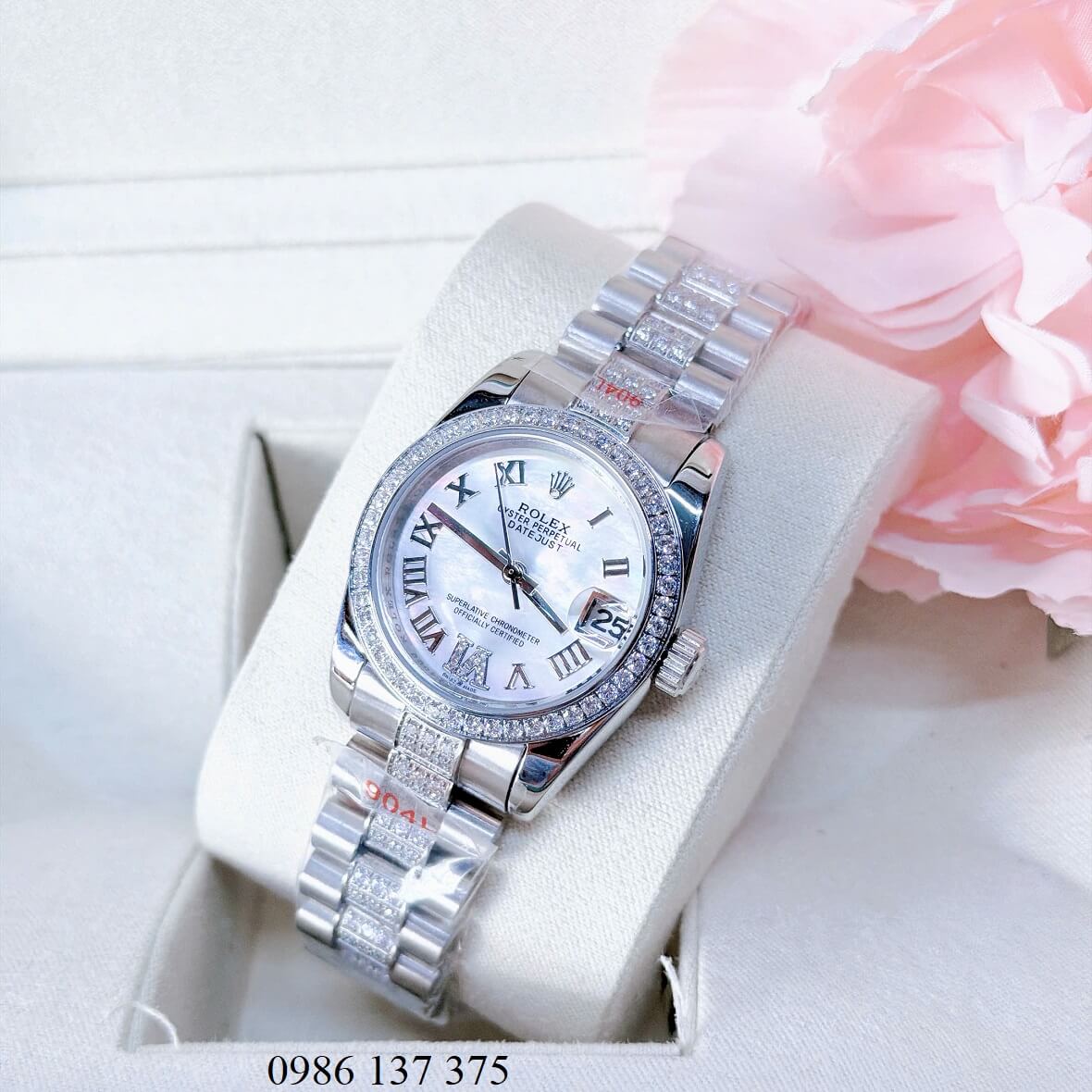 Đồng Hồ Nữ Rolex Datejust Viền Đá Mặt Trắng Xà Cừ Dây Kim Loại Inox Đính Đá Size 31mm