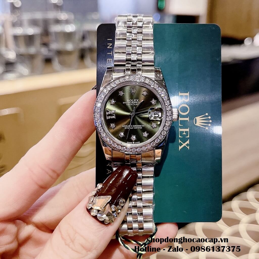 Đồng Hồ Rolex Datejust Tự Động Nữ Bạc Mặt Xanh Rêu Viền Đá 31mm