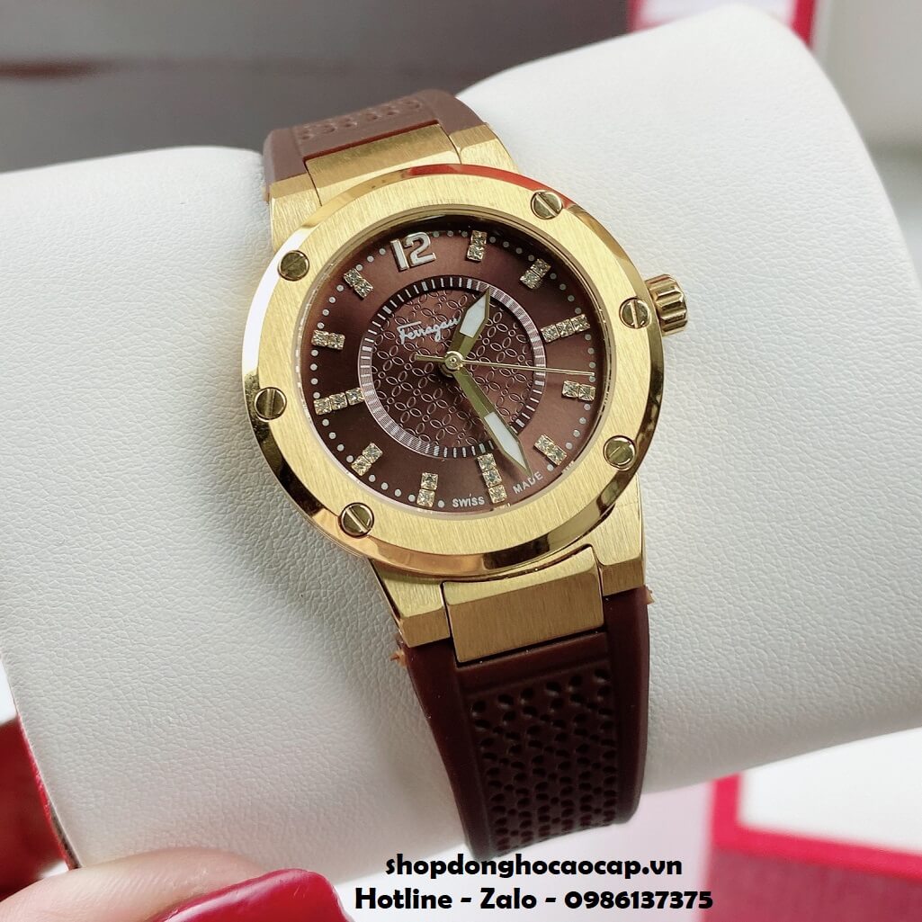 Đồng Hồ Nữ Salvatore Ferragamo Dây Silicon Nâu Vỏ Gold 33mm