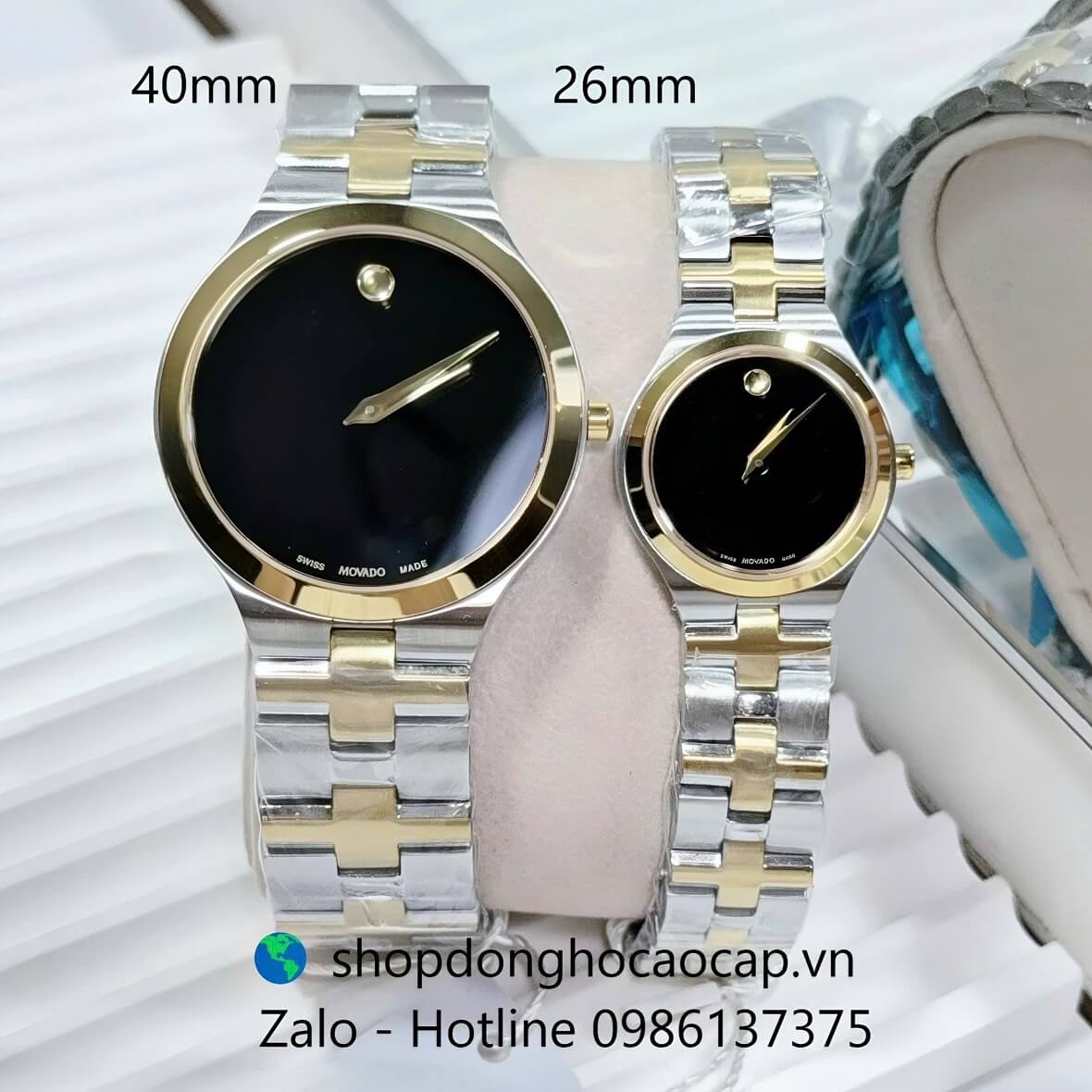 Đồng Hồ Cặp Movado Máy Pin Mặt Đen Kim Loại Demi Vàng Size 40mm - 26mm
