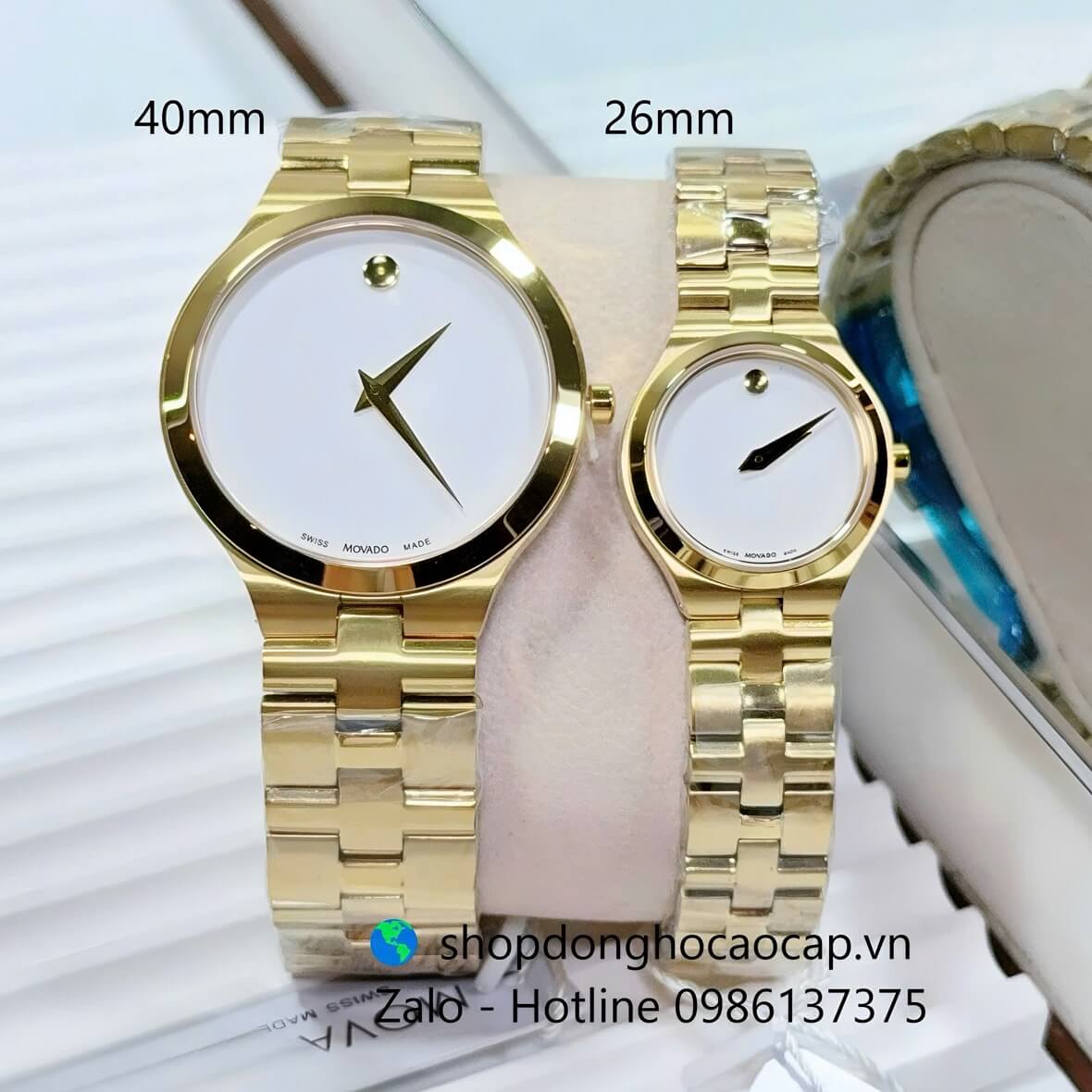 Đồng Hồ Cặp Movado Máy Pin Mặt Trắng Kim Loại Mạ Vàng Size 40mm - 26mm